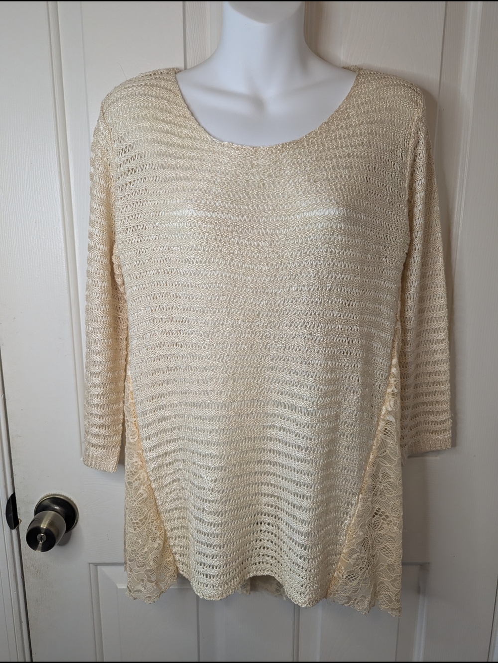A'Reve L Cream/Gold Metallic Open Knit Pullover Sweater Lace Side Panel Boho